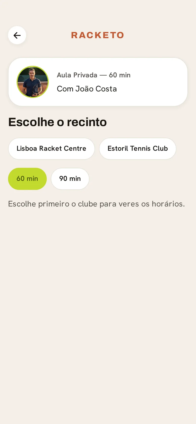 Ecrã da app Racketo: agendamento de aula