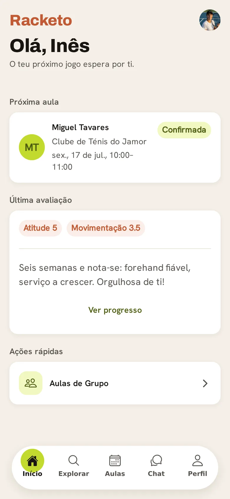 Ecrã da app Racketo: próxima aula e última avaliação